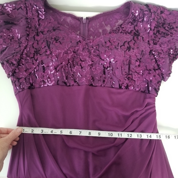 Alex Evenings Sequin Lace & Ruched Chiffon Gown Plum Purple Size 10P - Picture 3 of 16
